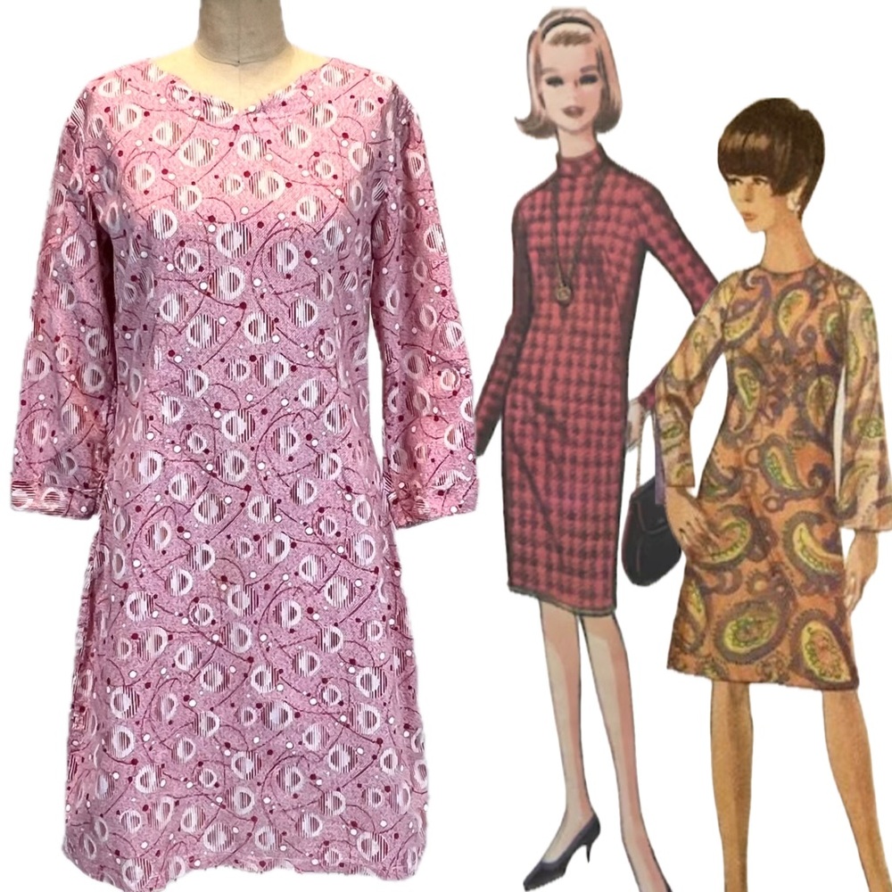 VINTAGE Mid century mod MCM day dress long sleeve midi‎ geometric space age 60s
